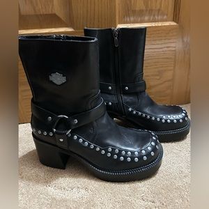 Harley Davidson black leather boots with stud embellishments.